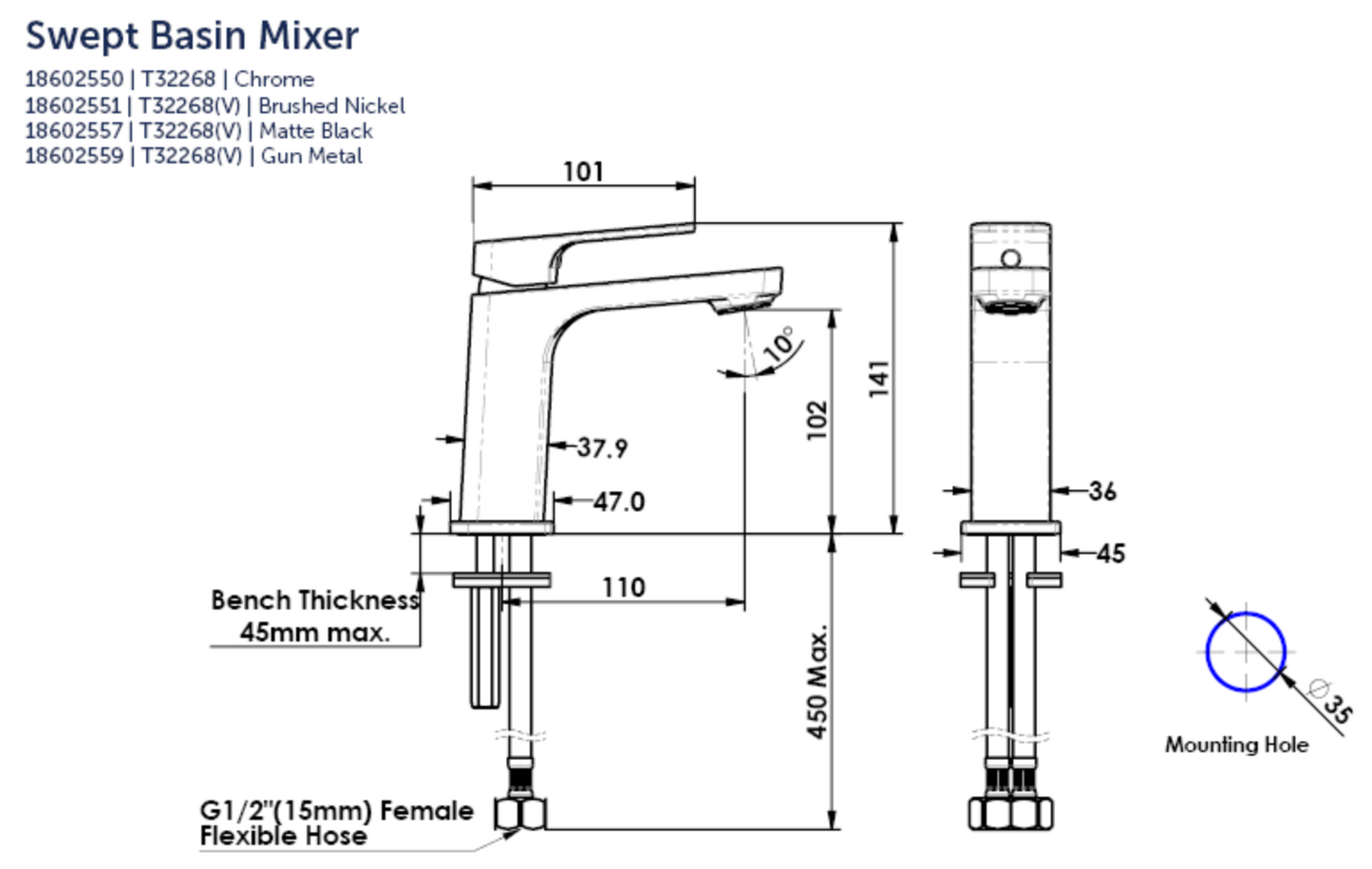 Greens Swept Basin Mixer, PVD Gunmetal, 18602559