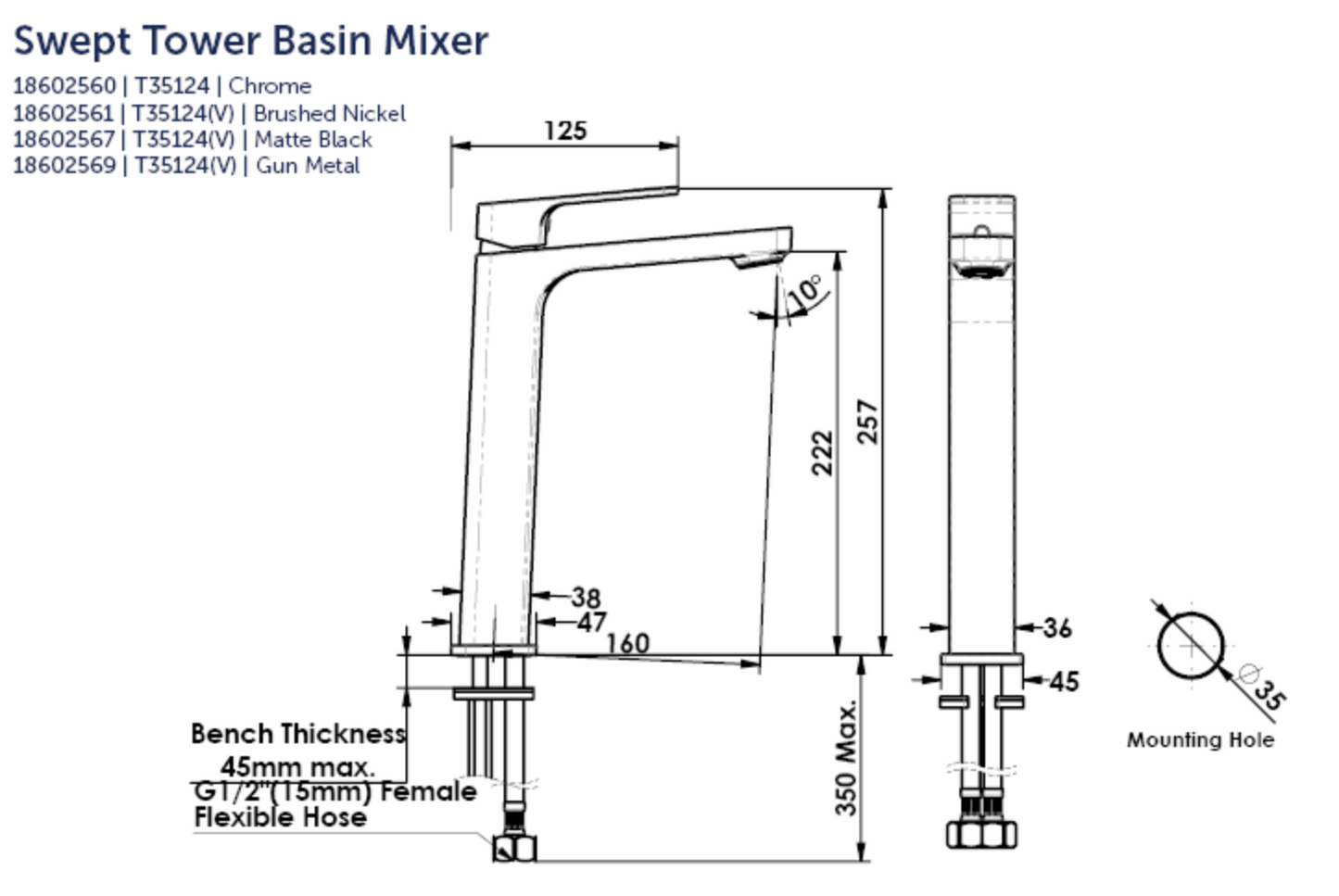 Greens Swept Tower Basin Mixer, PVD Gunmetal, 18602569