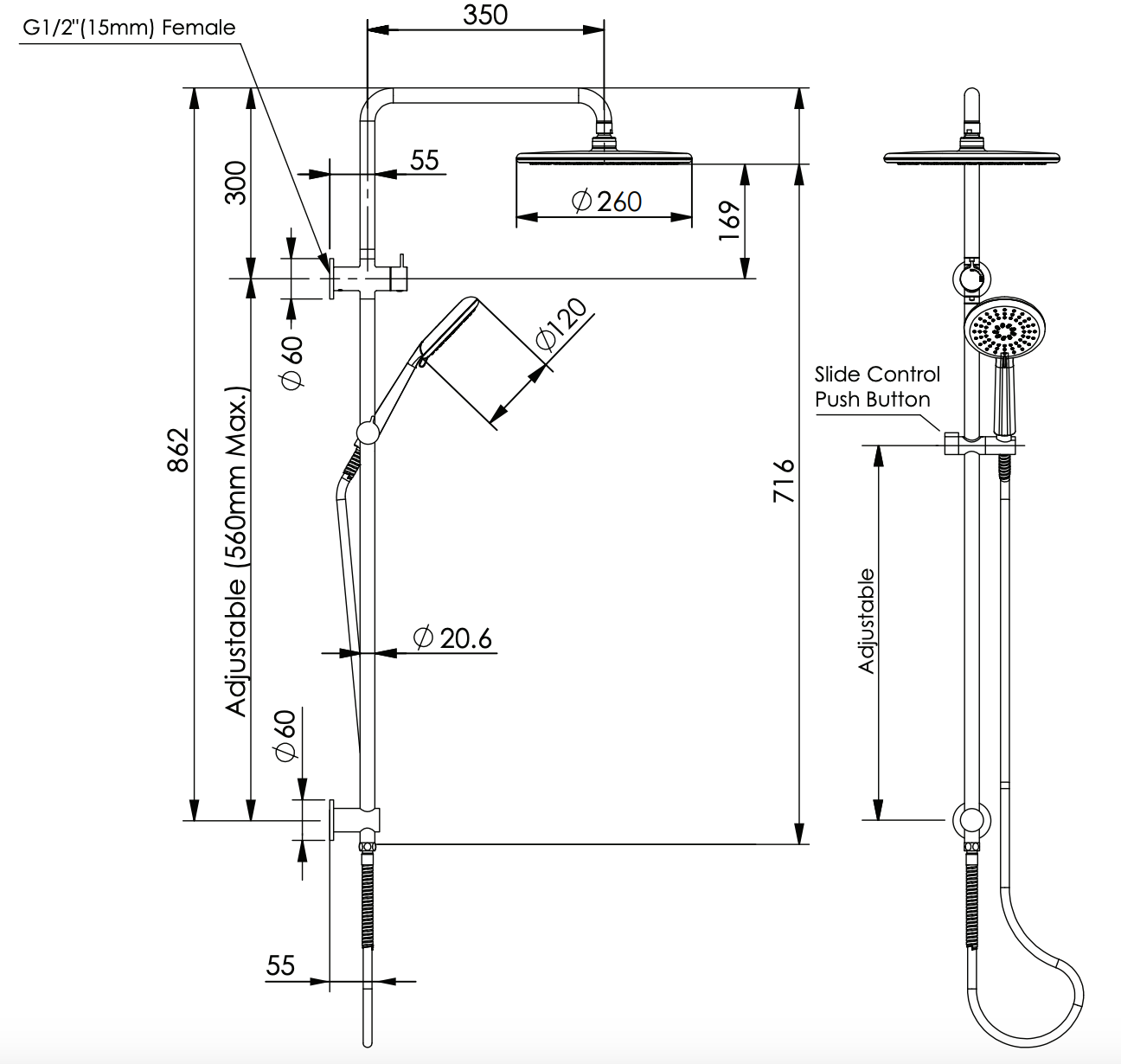 Greens Rocco Twin Rail Shower, PVD Gunmetal, 18790GM