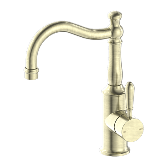 Nero York Basin Mixer Hook Spout - Aged Brass