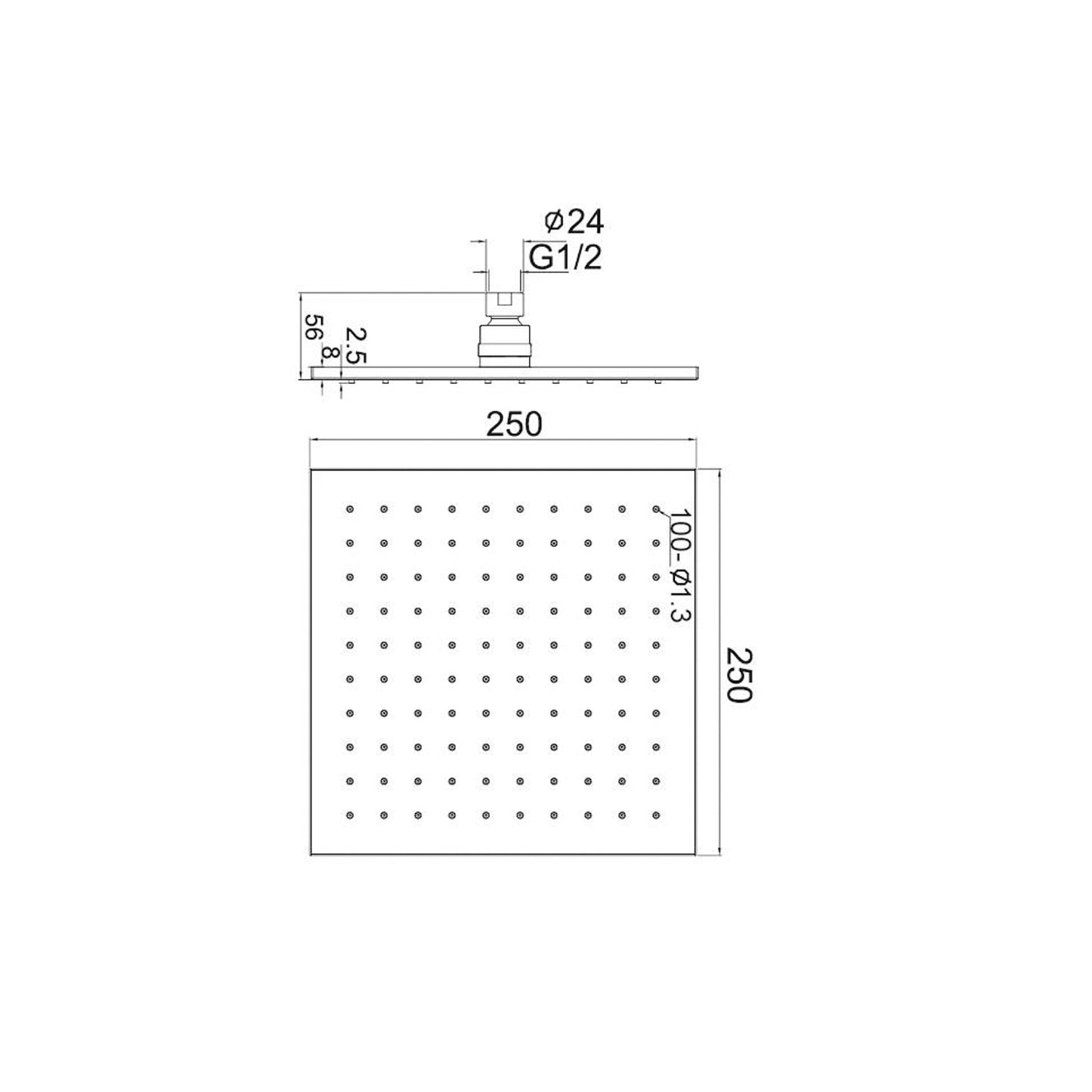 Nero NRROB1003CH 250mm Square Brass Shower Head - Chrome