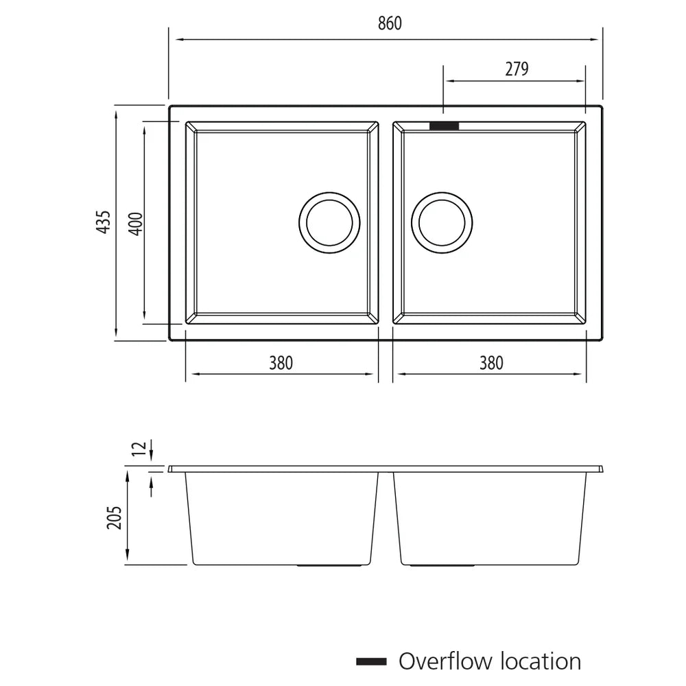 Oliveri Santorini Sink Double Bowl Sink, Undermount, 840x480mm, with Overflow, Black, ST-BL1563U OF