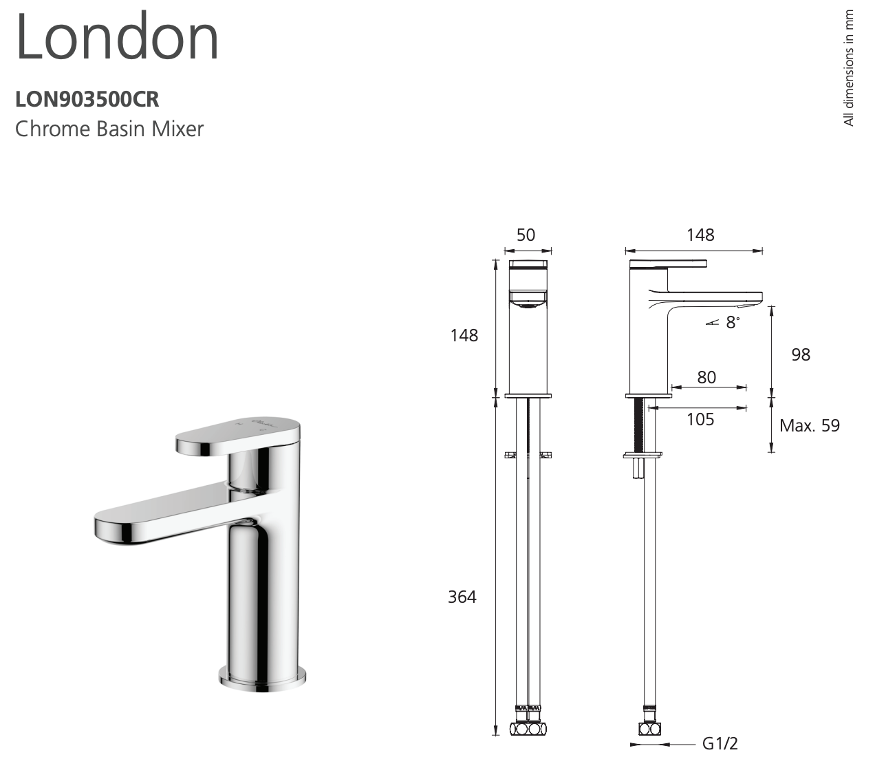 Oliveri London LON903500CR Chrome Basin Mixer