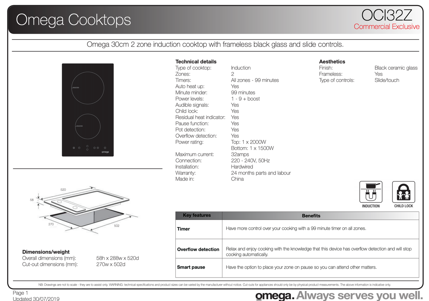 Omega OCI32Z 30cm Two Zone Induction Cooktop