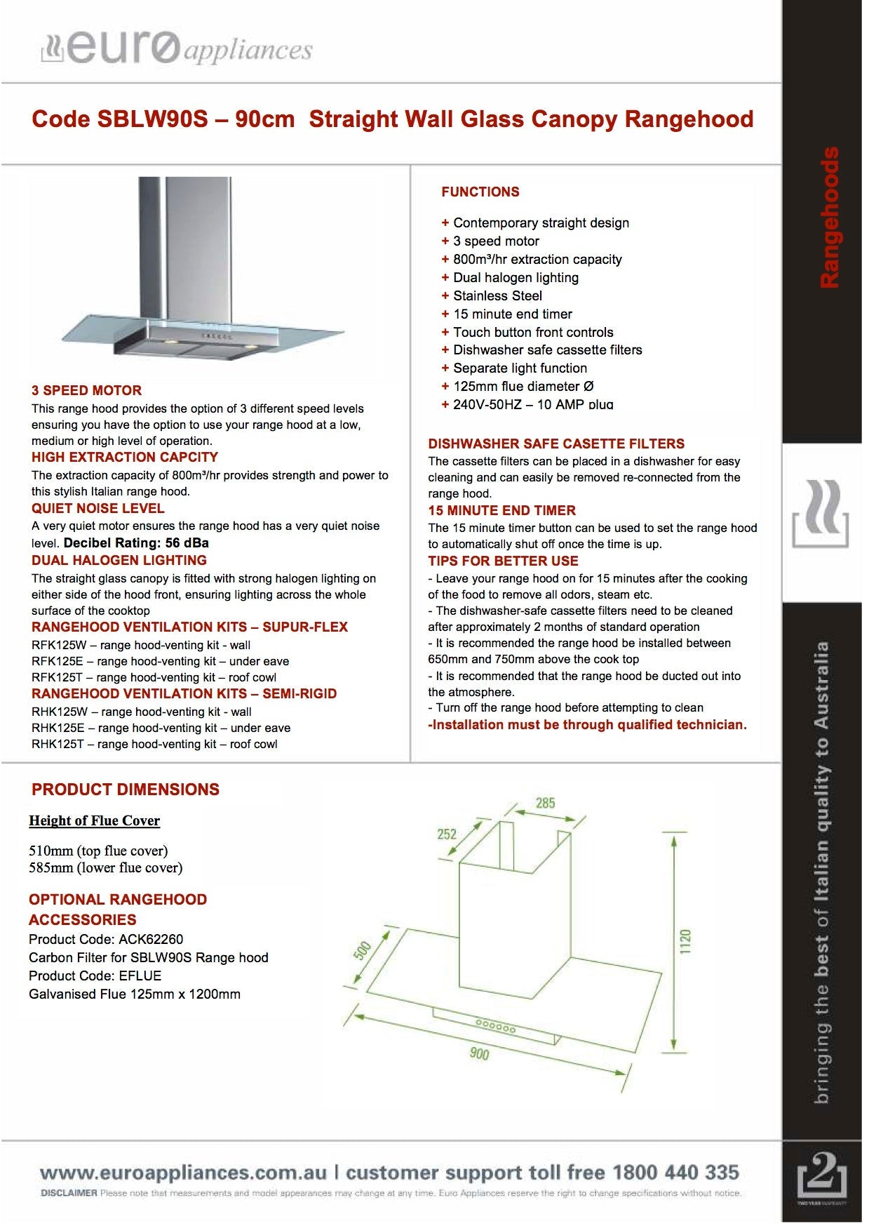 Euro Appliances 90cm SBLW90S Flat Glass Canopy Range Hood – New