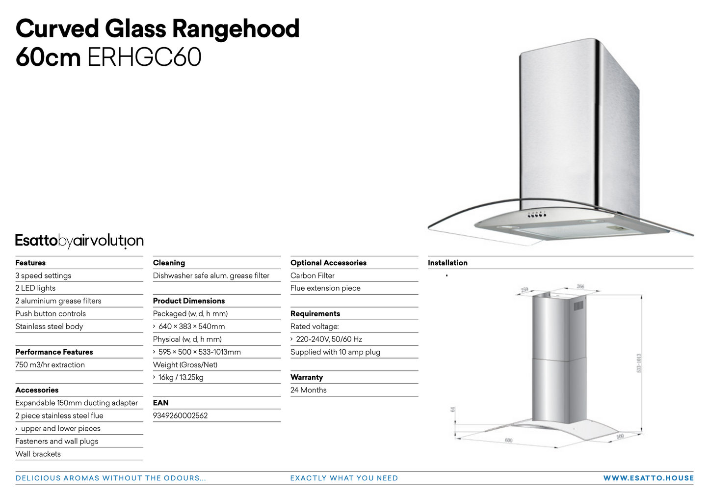 Esatto ERHGC60 60cm Glass Canopy Rangehood