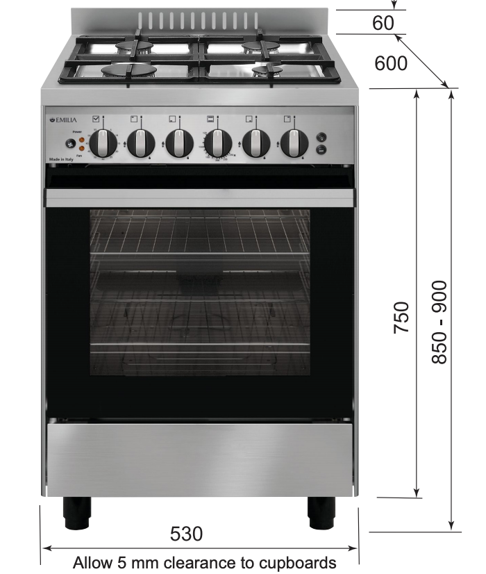 Emilia EM534GG 53cm Italian Made Stainless Steel Gas Stove with Kickplate