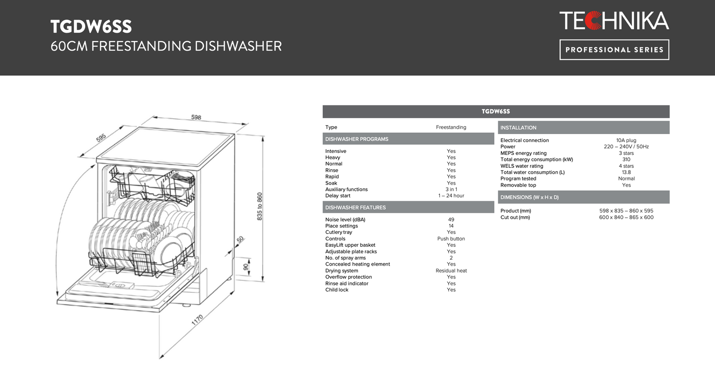 Technika 60cm Dark Stainless Steel Dishwasher