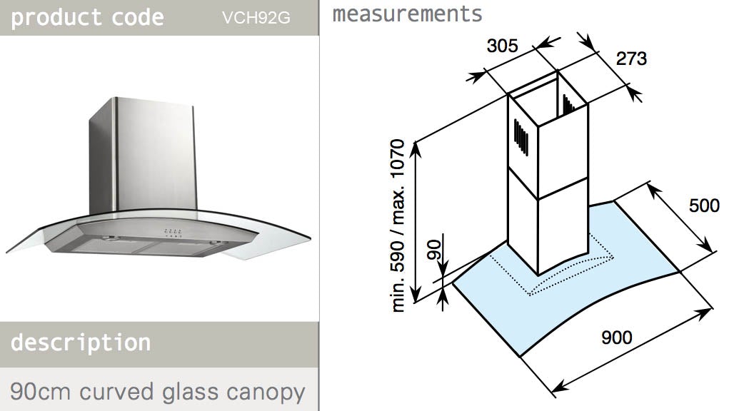 Venini VCH92G 90cm High Powered Glass Canopy Hood – New