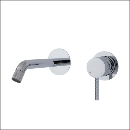 Fienza Axle Wall Basin/Bath Mixer Set Chrome Small Round Plates 160Mm Outlet 231104 Bathroom Mixers