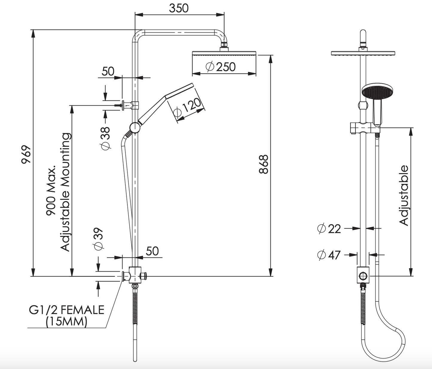 Greens Glide Rainboost Twin Rail Shower, Matte Black, 18290MB