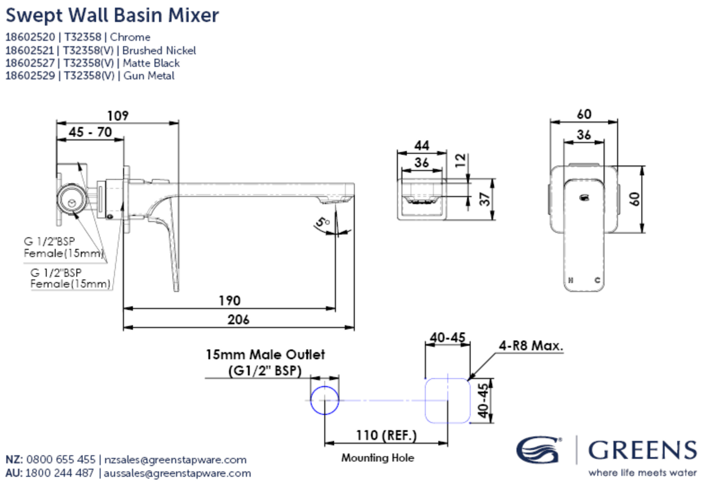 Greens Swept Wall Basin Mixer, Chrome, 18602520
