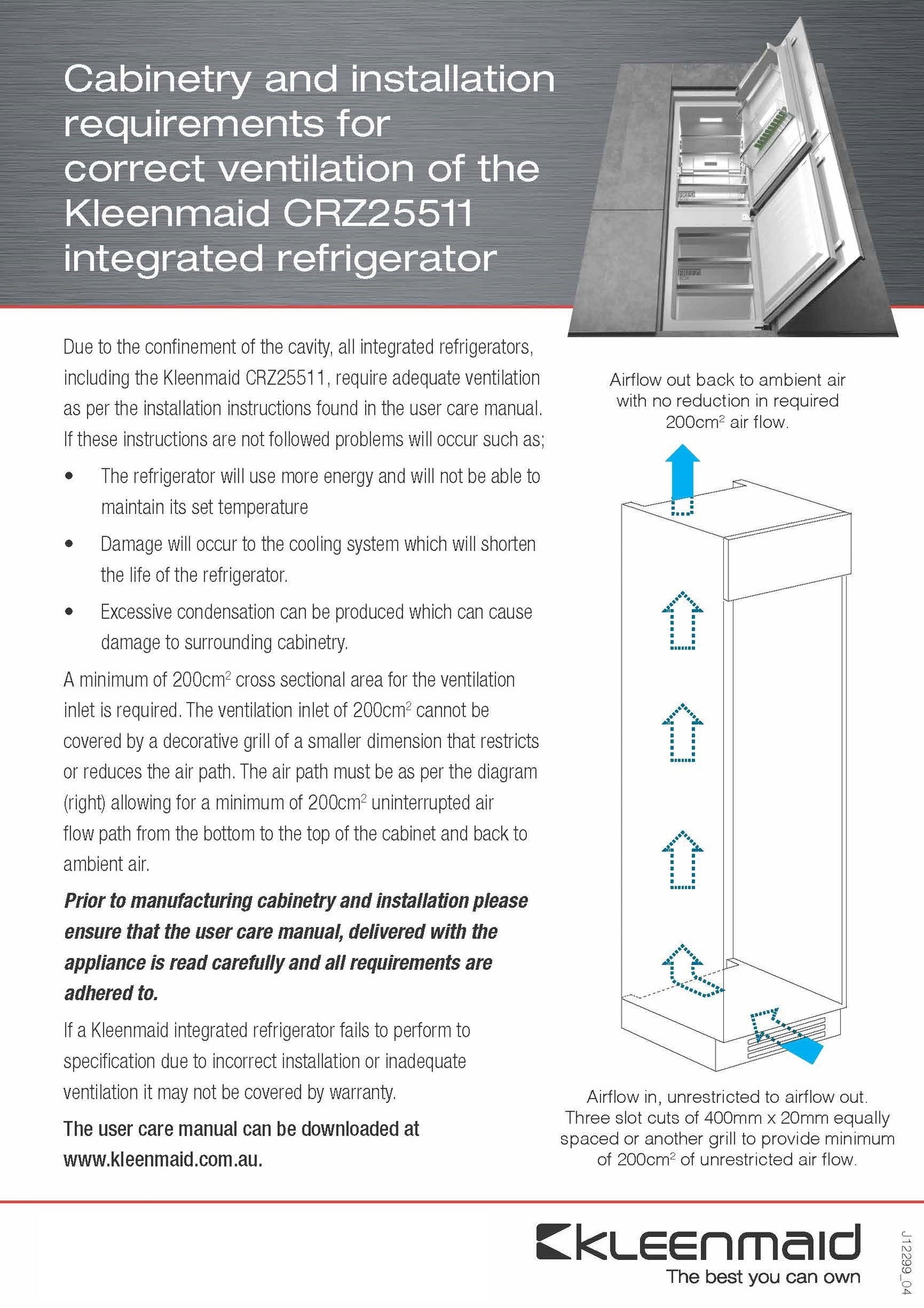 Kleenmaid CRZ25511 Integrated Top Mount Refrigerator with Bottom Mount Freezer