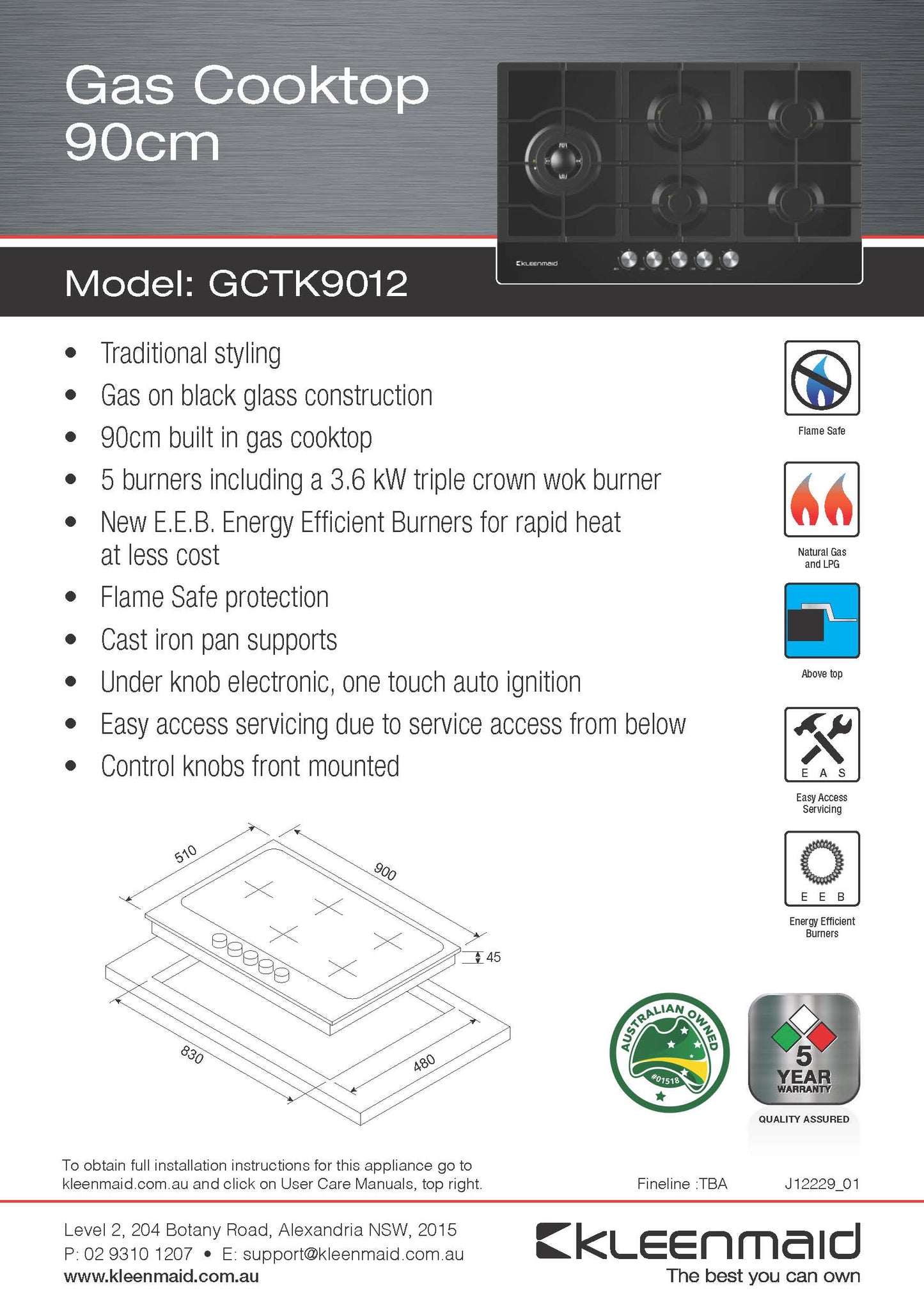 Kleenmaid GCTK9012MCOM Full Black 90cm Black Glass Cooktop