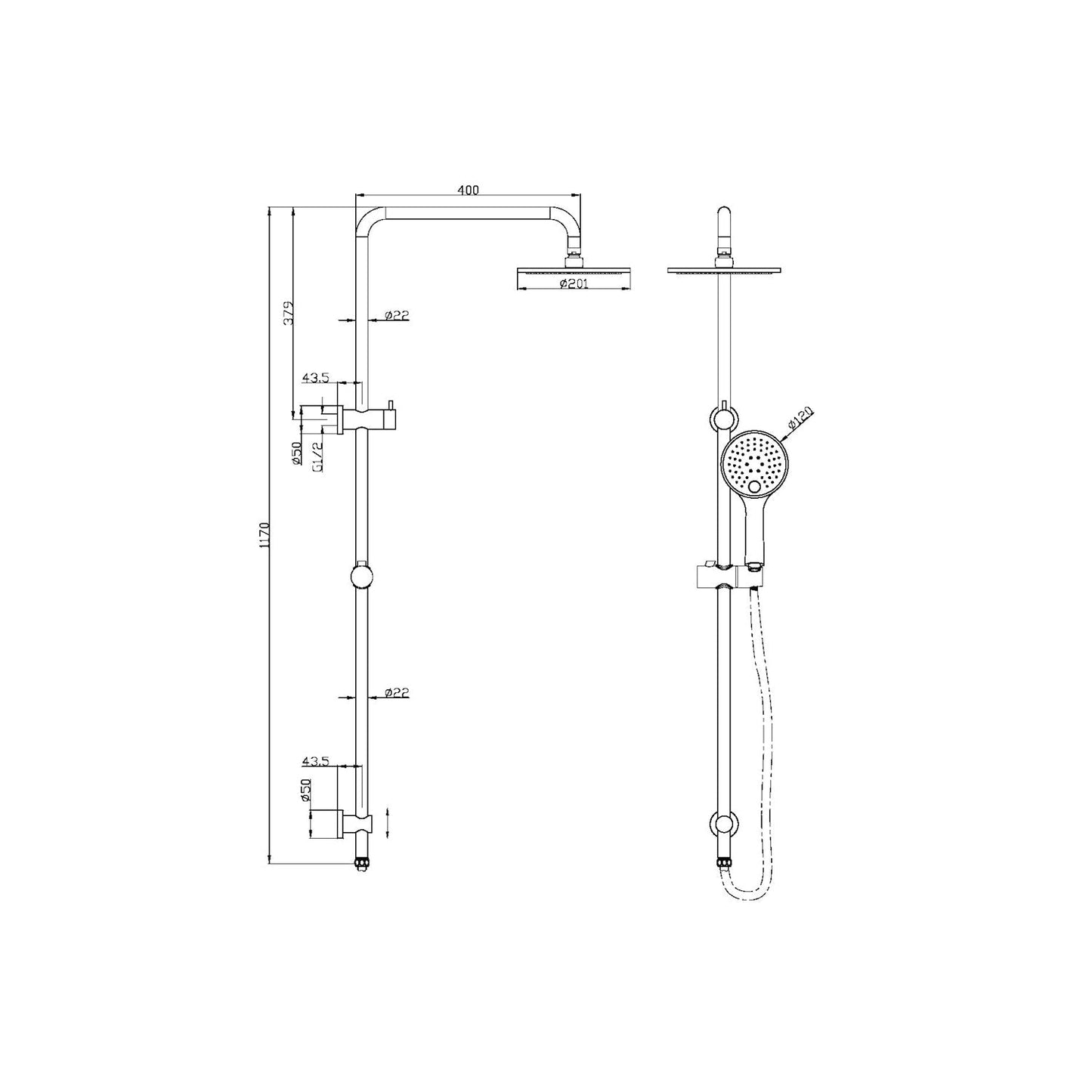 Nero NR250805aCH Dolce Mecca Combination Overhead and Handshower on Column - Chrome