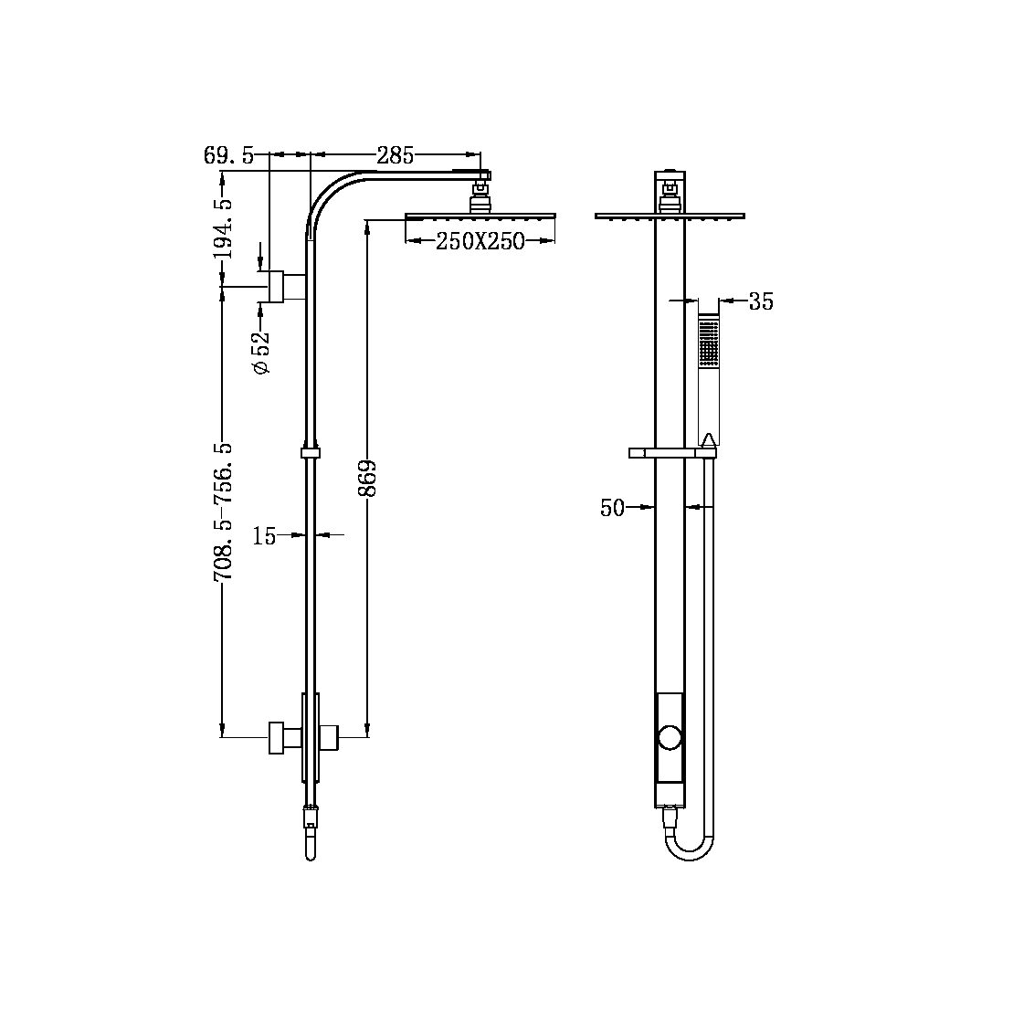 Nero NR281305cCH Rain Square Overhead Shower and Handshower on Column Single Hose - Chrome