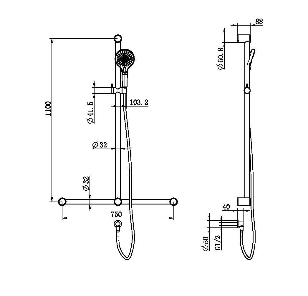 Nero NRCS006GM Mecca Care 32mm T Bar Grab Rail and Adjustable Shower Set - Gunmetal