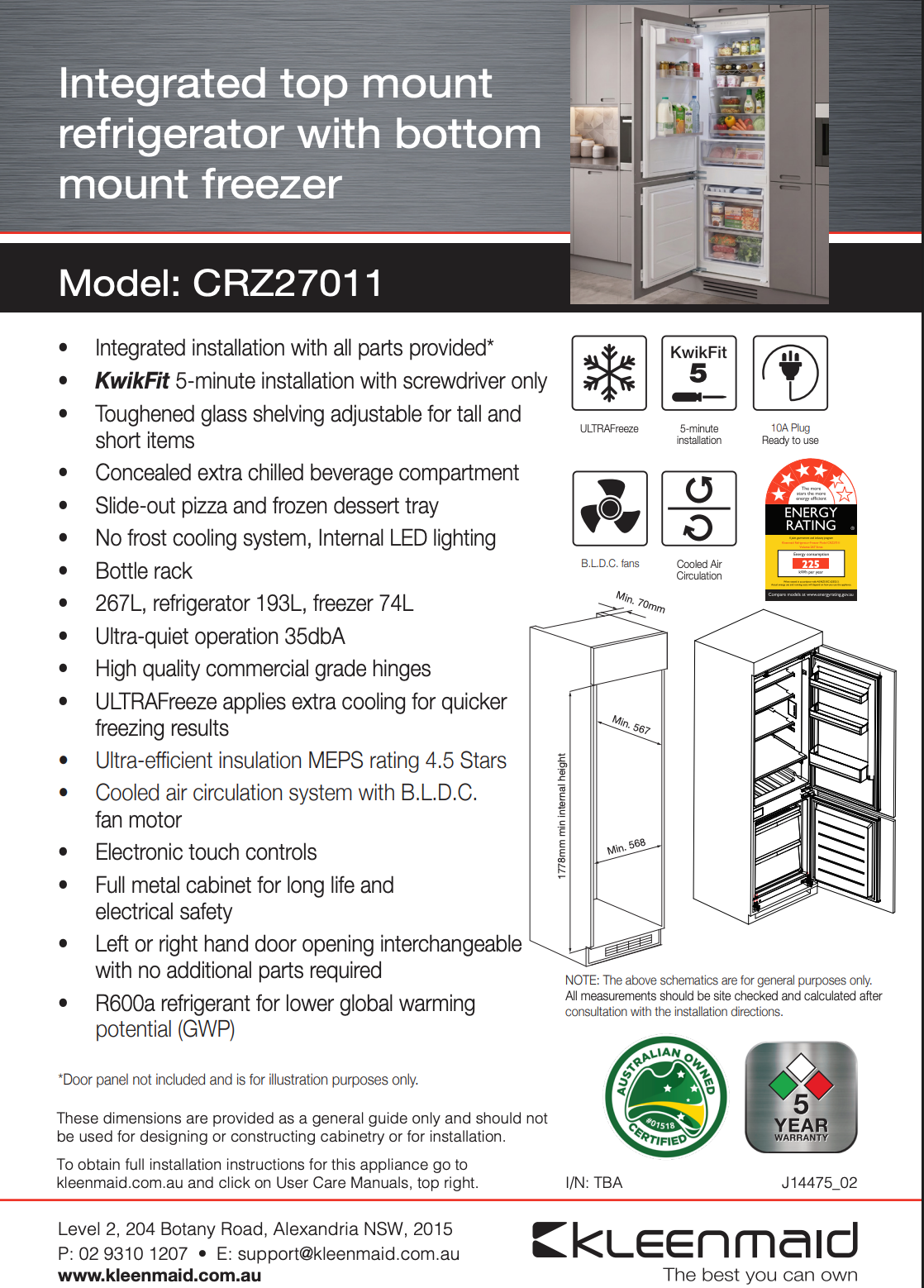 Kleenmaid  CRZ27011 Integrated Top Mount Refrigerator with Bottom Mount Freezer