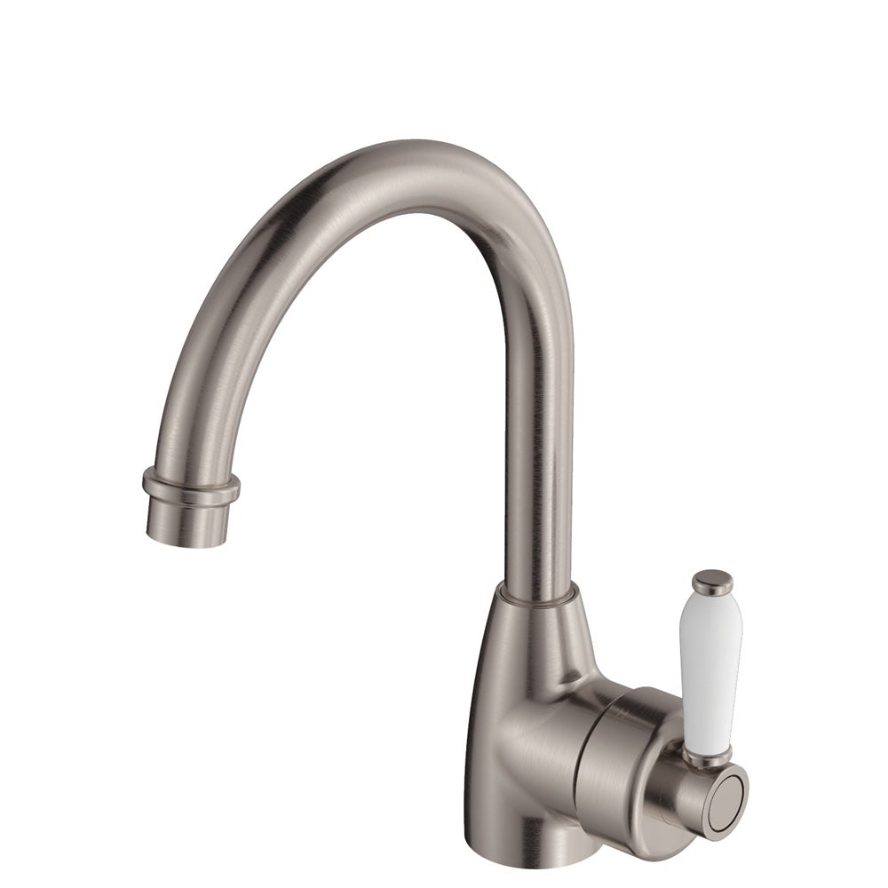 Fienza Eleanor 202104BN Gooseneck Brushed Nickel Mixer with White Ceramic Handle