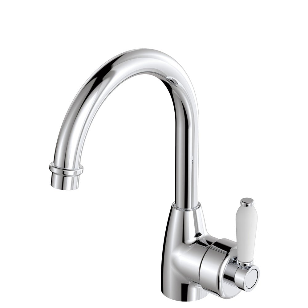 Fienza Eleanor 202104 Chrome Gooseneck Mixer with White Ceramic Handle