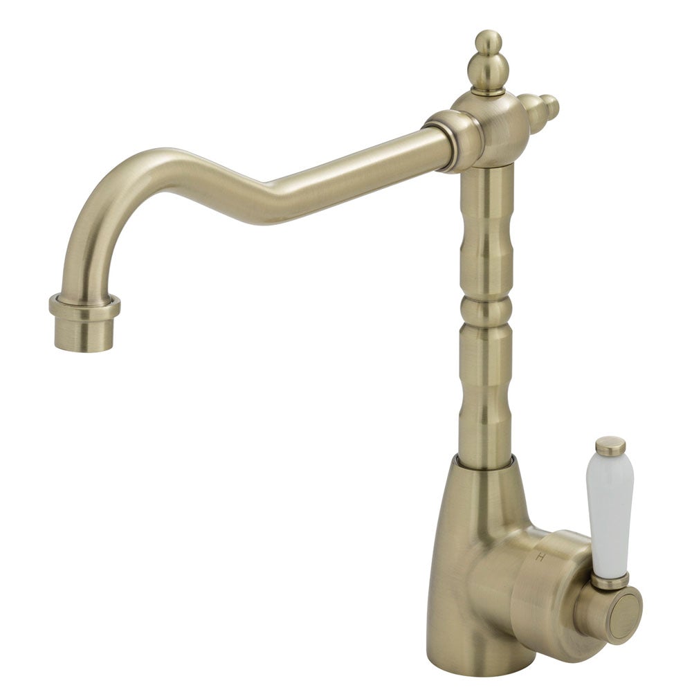 Fienza Eleanor 202105BB Shepherds Crook Champagne Sink Mixer with White Ceramic Handle