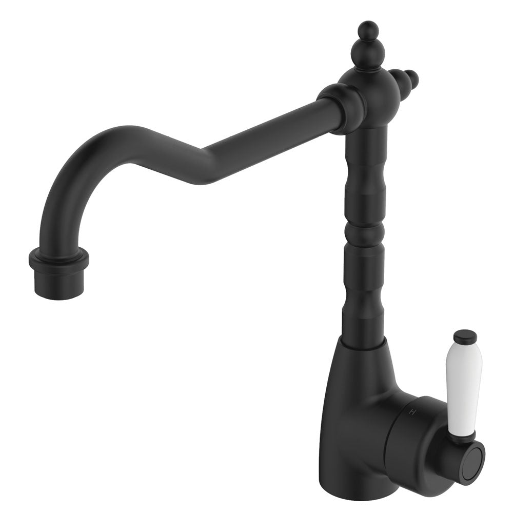 Fienza Eleanor 202105BK Shepherds Crook Matte Black Sink Mixer with White Ceramic Handle