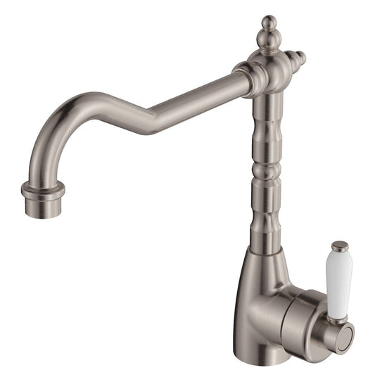 Fienza Eleanor 202105BN Shepherds Crook Brushed Nickel Sink Mixer with White Ceramic Handle