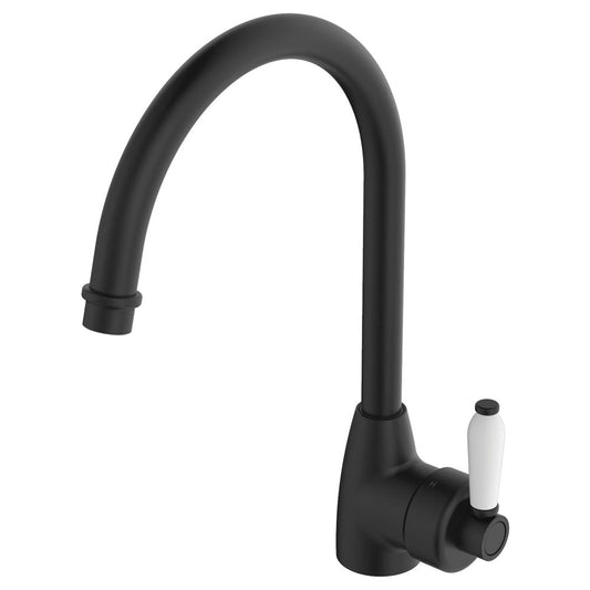 Fienza Eleanor 202109BK Matte Black Gooseneck Mixer with White Ceramic Handle