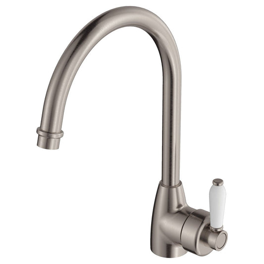 Fienza Eleanor 202109BN Brushed Nickel Gooseneck Mixer with White Ceramic Handle