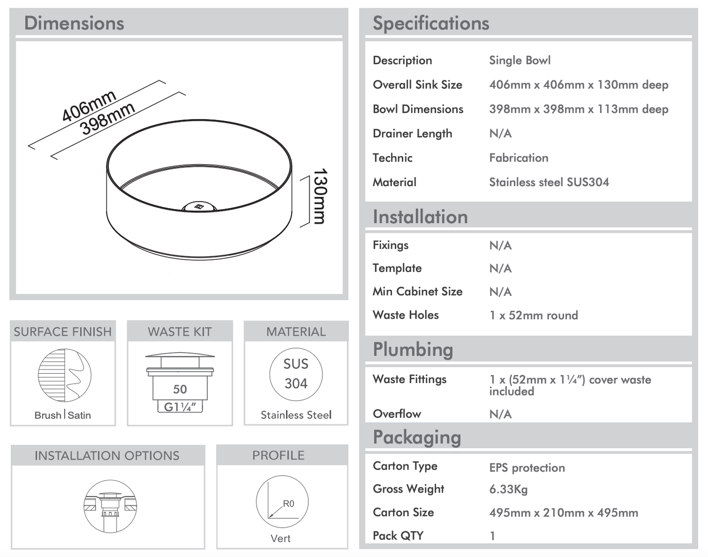 Gareth Ashton 304RND-B Round 304 Stainless Steel Basin Black Pearl