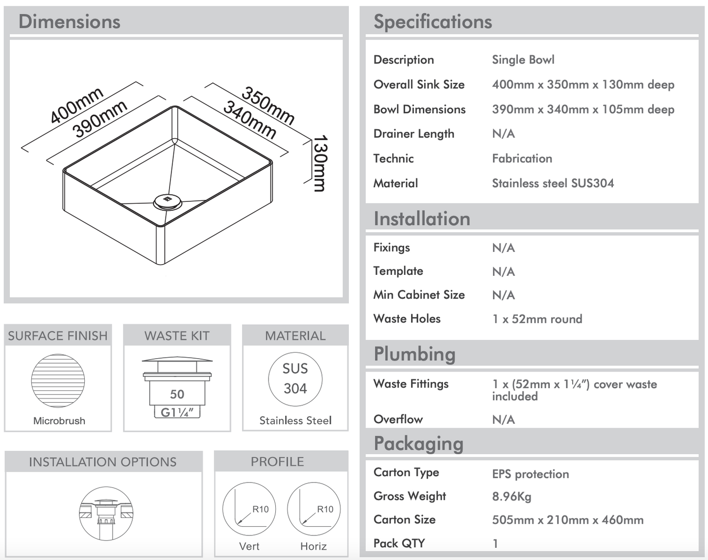 Gareth Ashton 304SQ Square 304 Stainless Steel Basin