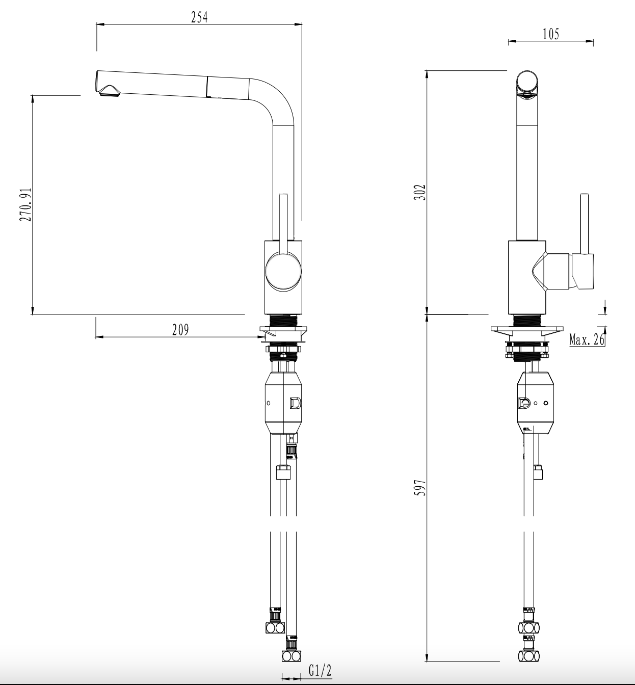 Gareth Ashton 3K6-B Lucia Pull Out Kitchen Mixer Tap