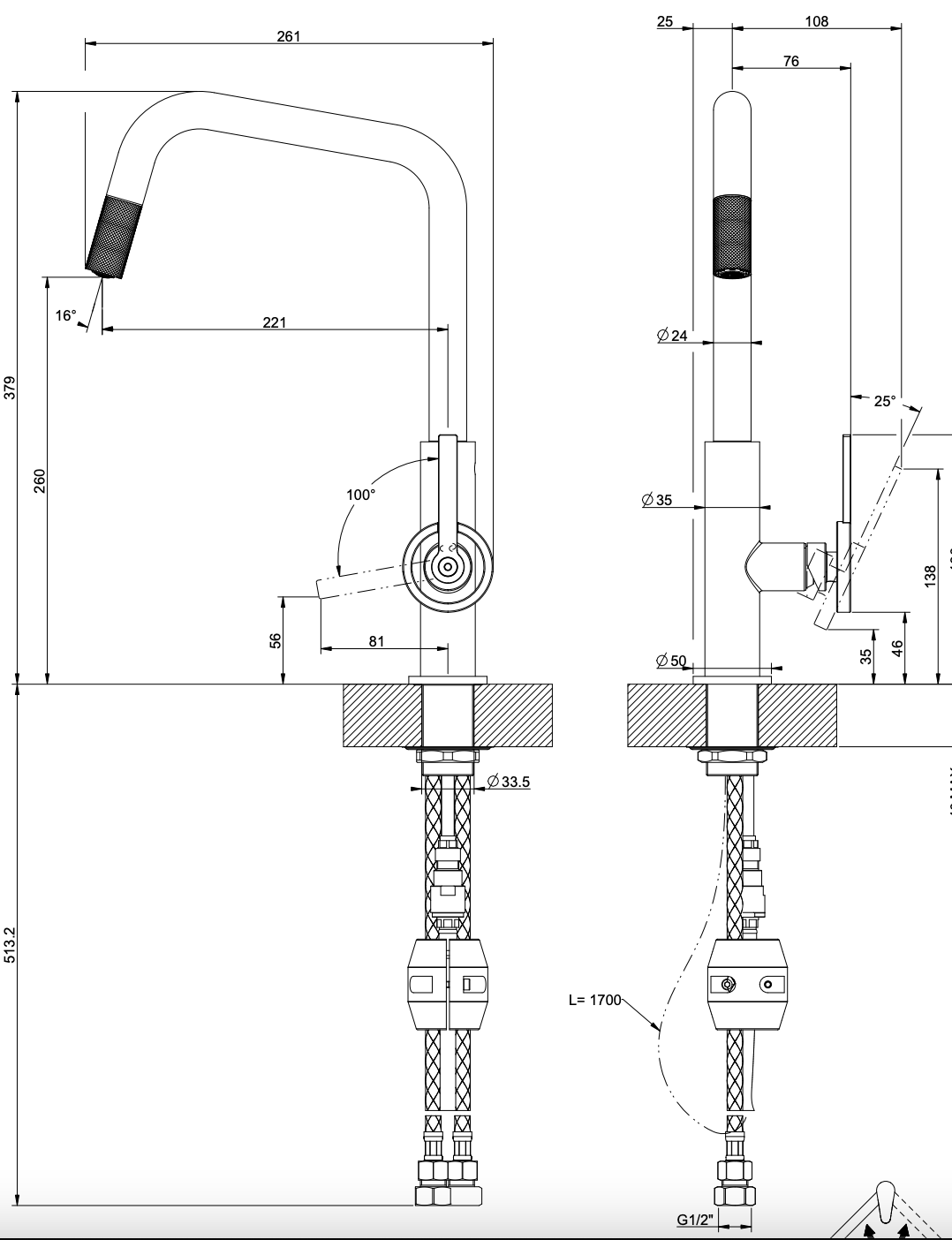 Gessi Officine V 60203BMB Pull Out Kitchen Mixer Tap