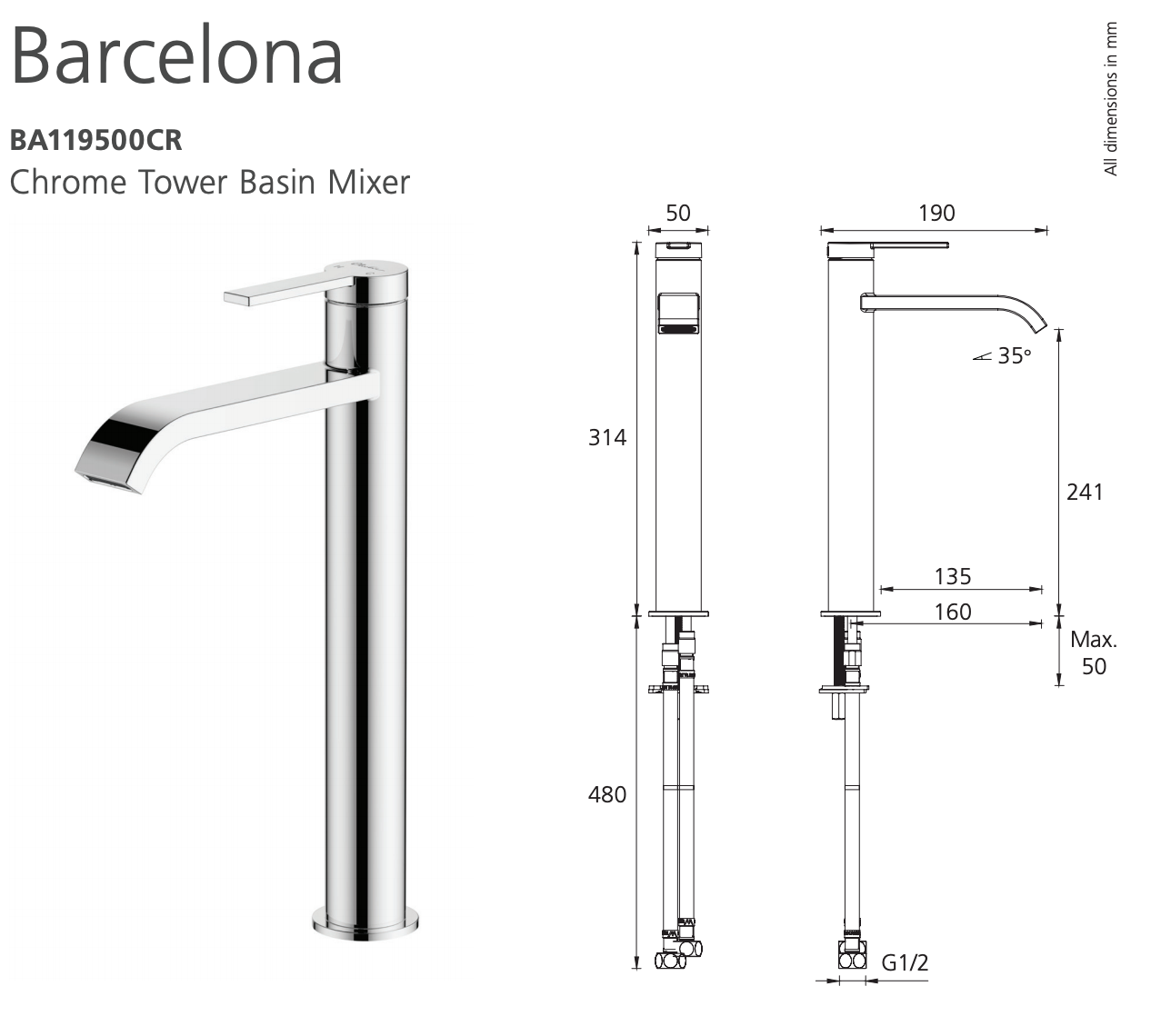 Oliveri Barcelona BA119500CR Chrome Basin Tower Mixer