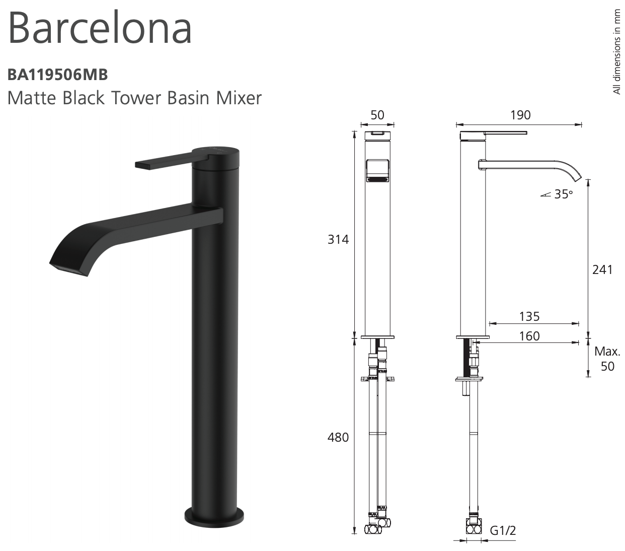 Oliveri Barcelona BA119506MB Matte Black Basin Tower Mixer