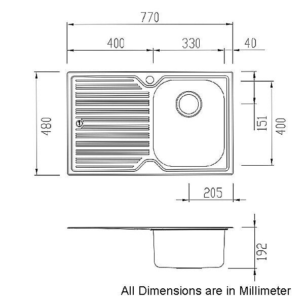 Oliveri DZ122 Diaz Single Bowl Left Hand Drainer Topmount Sink