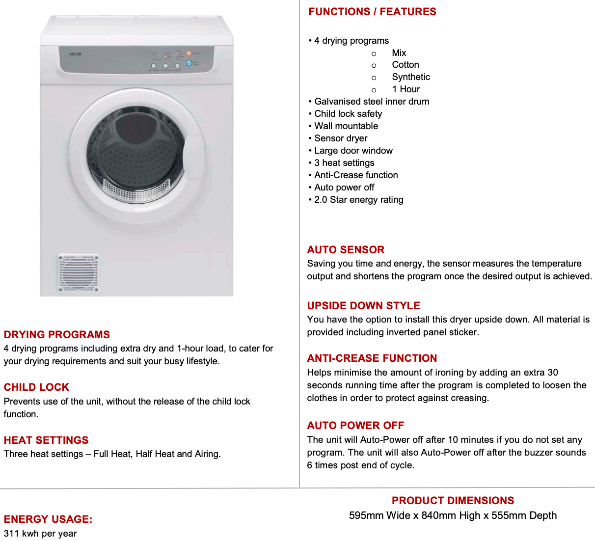 Euro Appliances E7SDWH 7kg Sensor Clothes Dryer