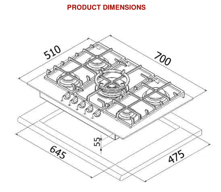 Euro Appliances ES700GFDBL 70cm 5 Burner Gas on Glass Cooktop – Ex Display