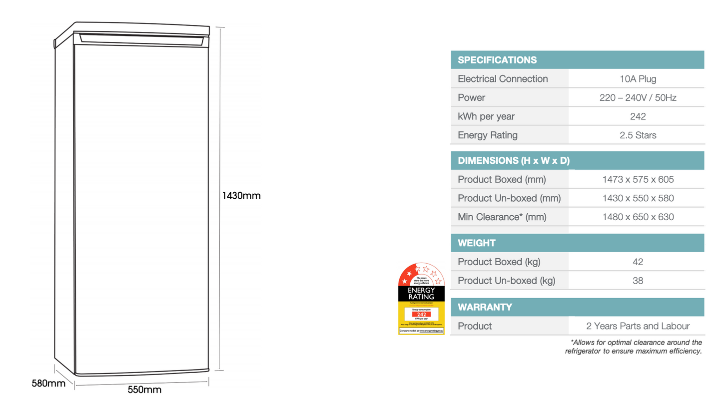 Euromaid EUF246W 246L Upright Fridge