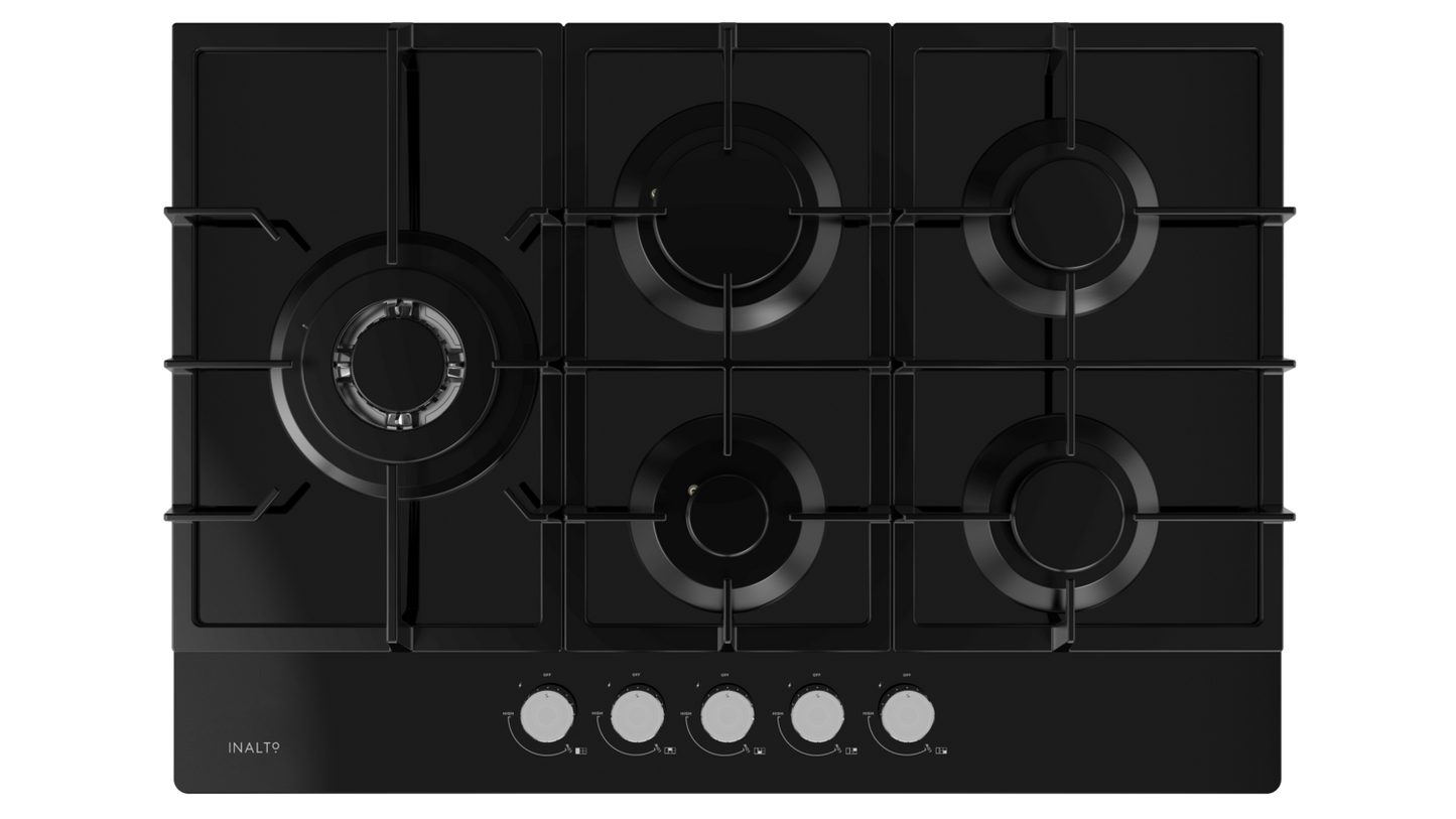 Inalto ICGG755W 75cm Gas on Black Glass Cooktop with Wok Burner