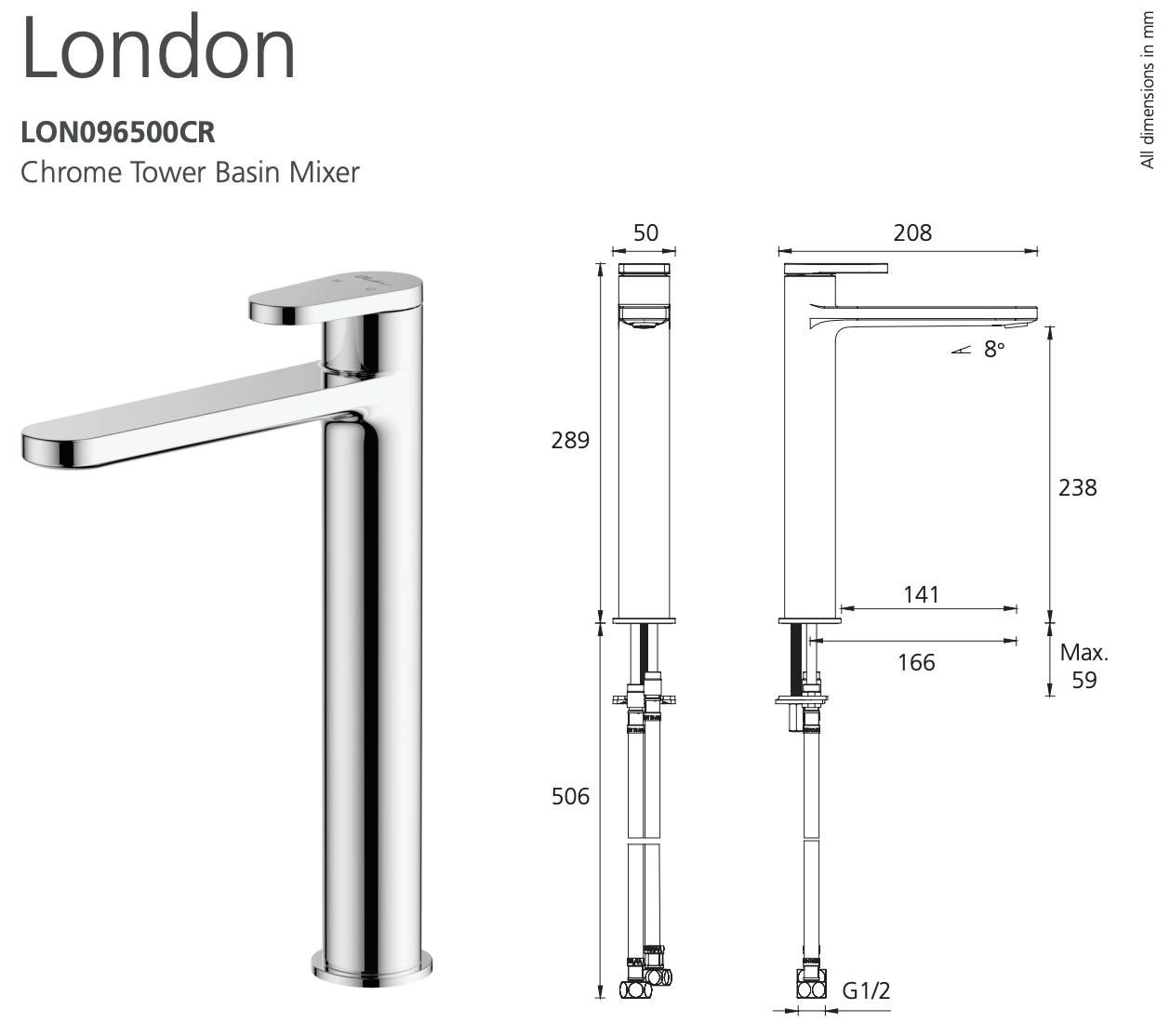 Oliveri London LON096500CR Chrome Basin Tower Mixer