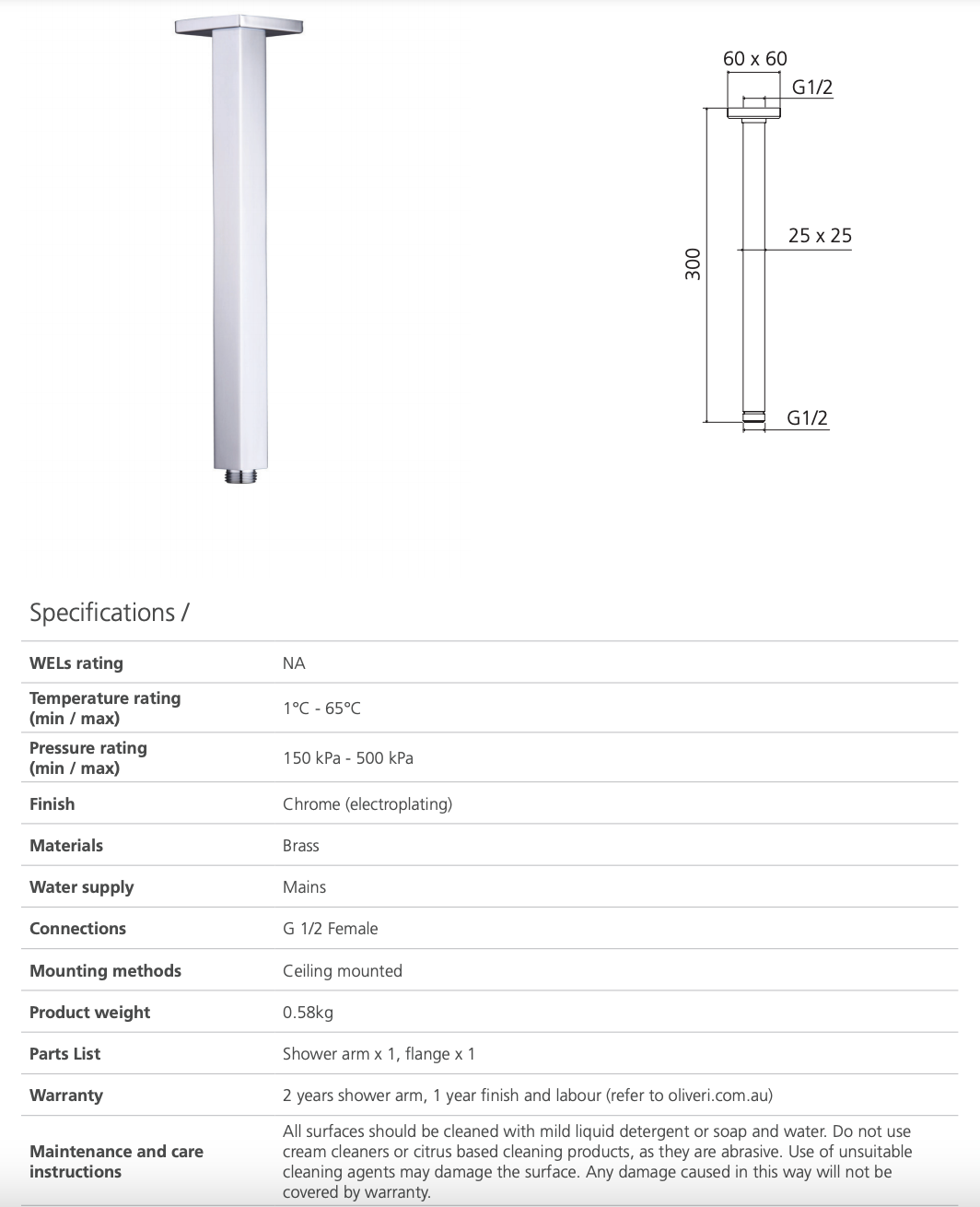 Oliveri MO0007CR Monaco Chrome Ceiling Mounted Shower Arm