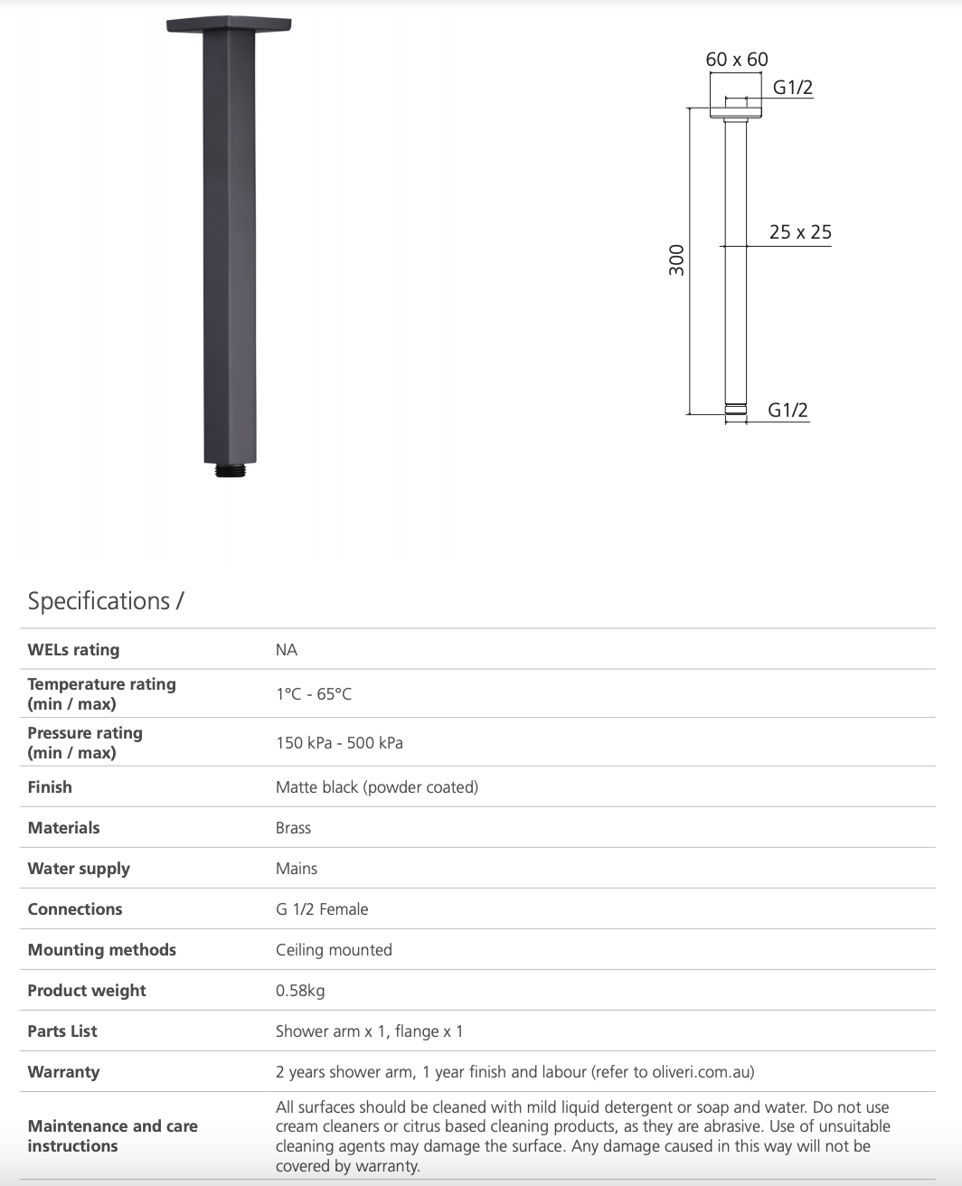 Oliveri MO0007MB Monaco Matte Black Ceiling Mounted Shower Arm