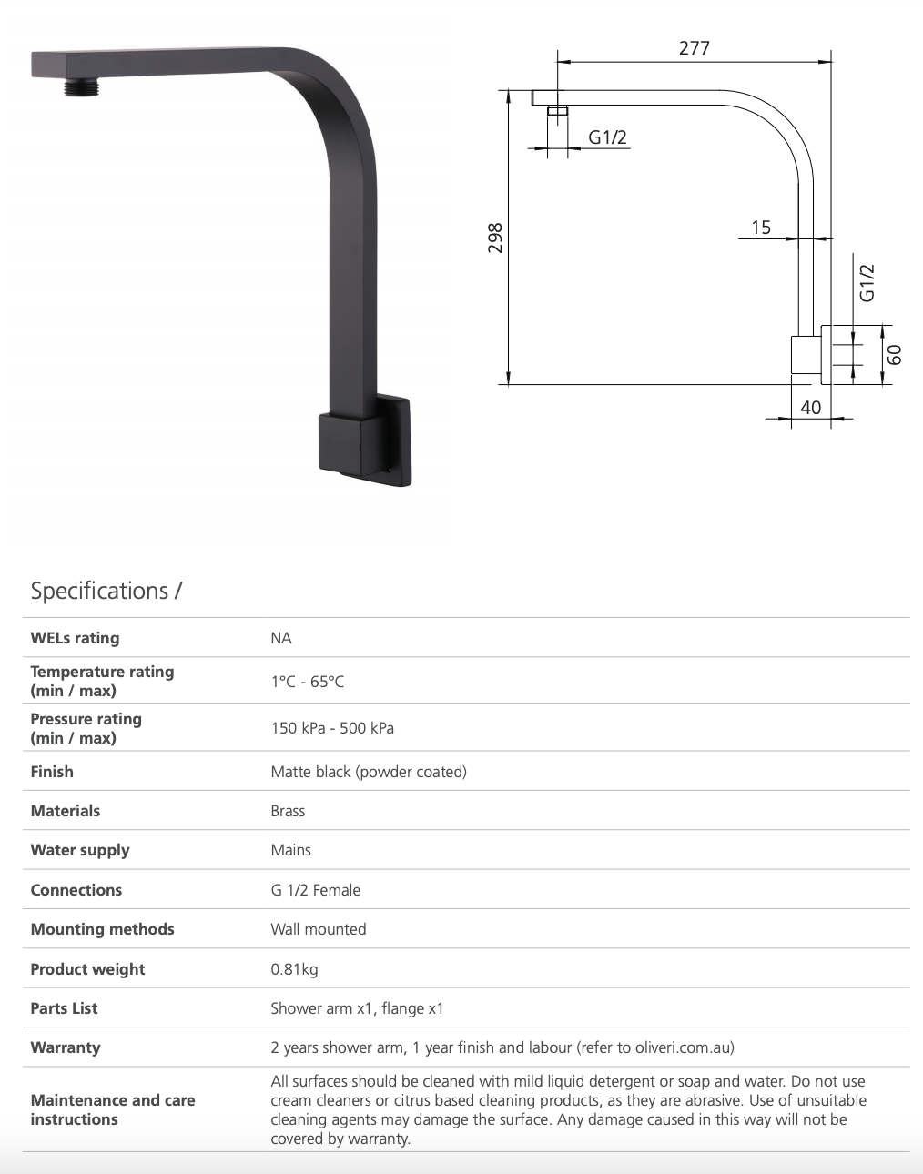 Oliveri MO0009MB Monaco Matte Black Raised Wall Mounted Shower Arm