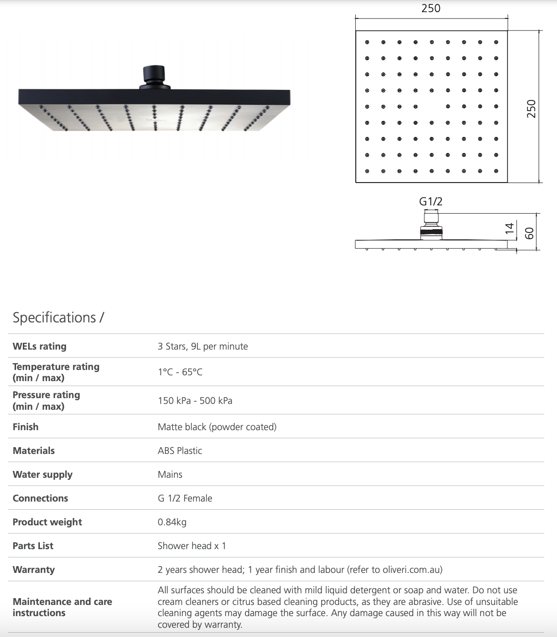 Oliveri MO29301MB Monaco Matte Black Shower Rose 250mm