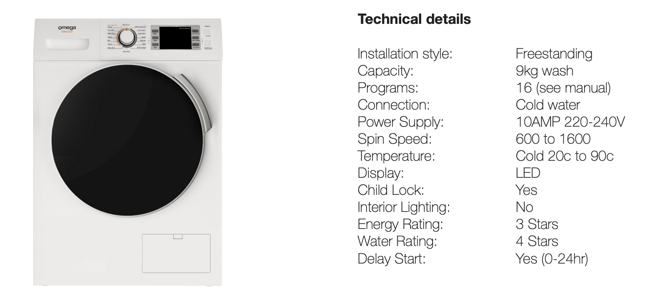 Omega OWM9W 9kg Front Load Washing Machine - Ex Display - Adelaide