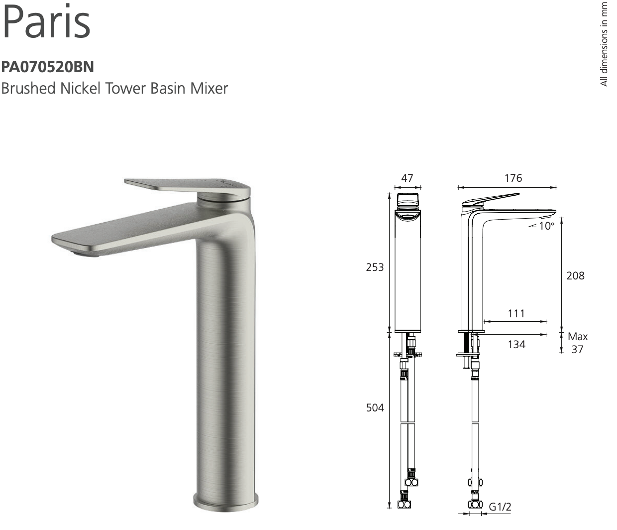 Oliveri Paris PA070520BN Brushed Nickel Basin Tower Mixer