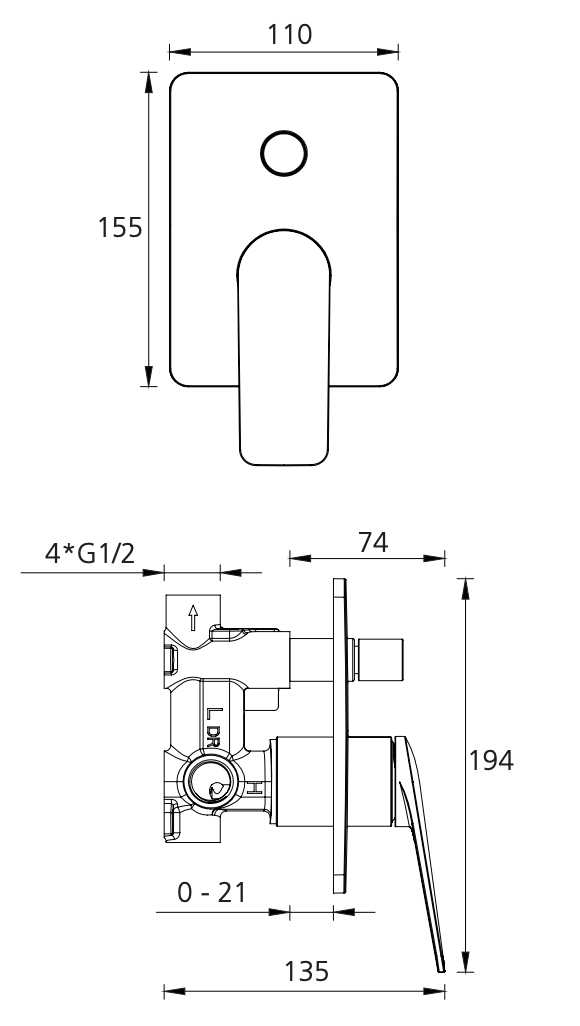 Oliveri PA101516MB Paris Matte Black Wall Mixer With Diverter