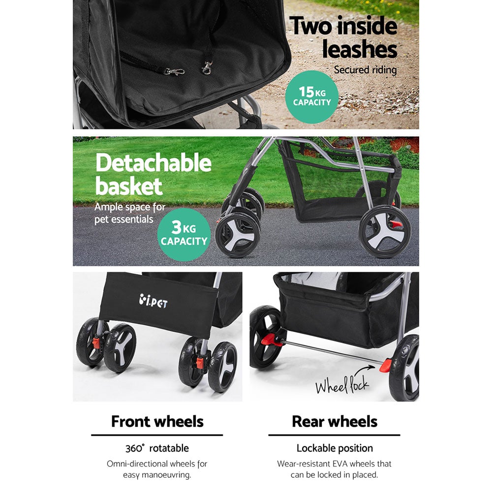 i.Pet 4 Wheel Pet Stroller - Black - Online Only