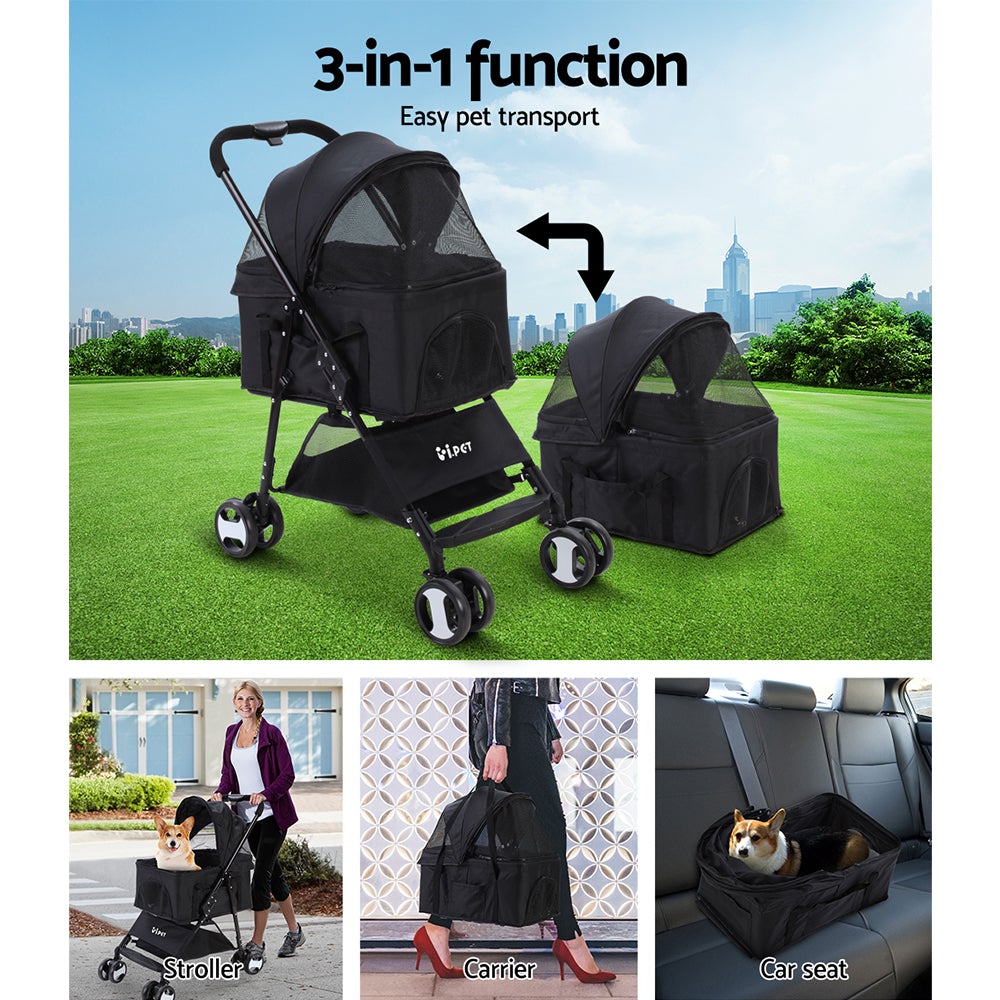 i.Pet Pet Stroller Dog Carrier Foldable Pram 3 IN 1 Middle Size Black - Online Only